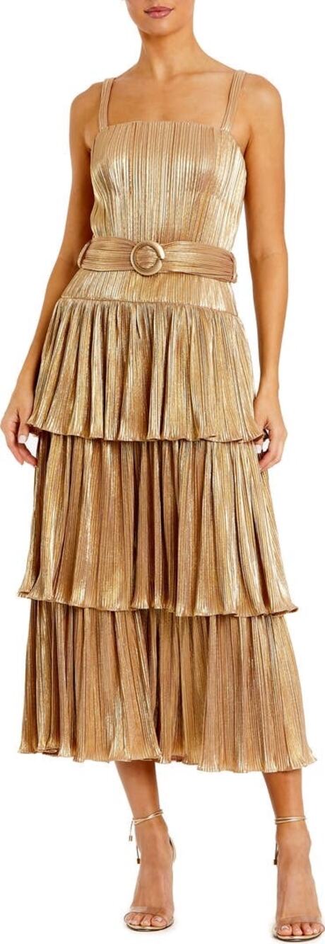 MAC DUGGAL Gold Metallic Plissé Square Neck Pleated Ruffle Belt Detail Dress 8